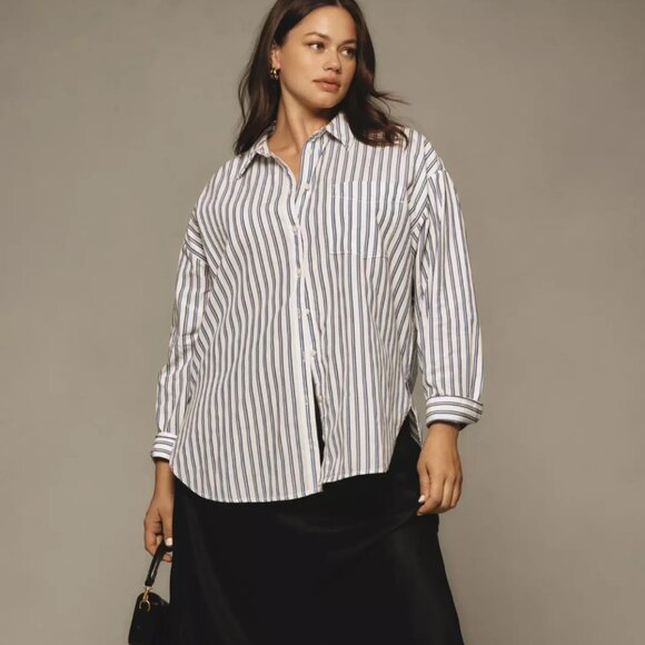 Anthropologie Maeve The Bennet Buttondown Shirt Indigo Stripe MP  M Petite NWT - Picture 6 of 8